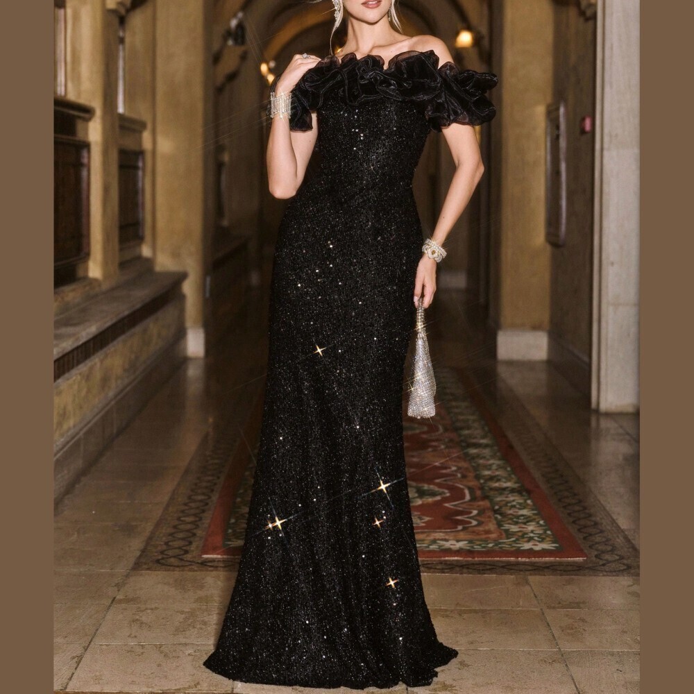 Black Sequin Ruffle Off Shoulder Cold Slim Fit Maxi Gown